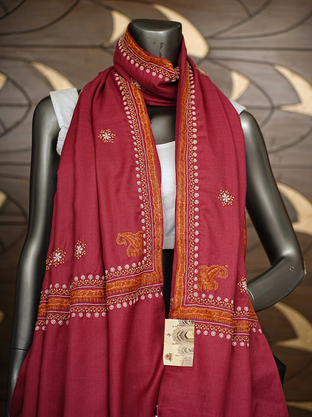 Ada Hand Embroidered Maroon Woolen Lucknowi Chikankari Teen Taar Shawl 233415