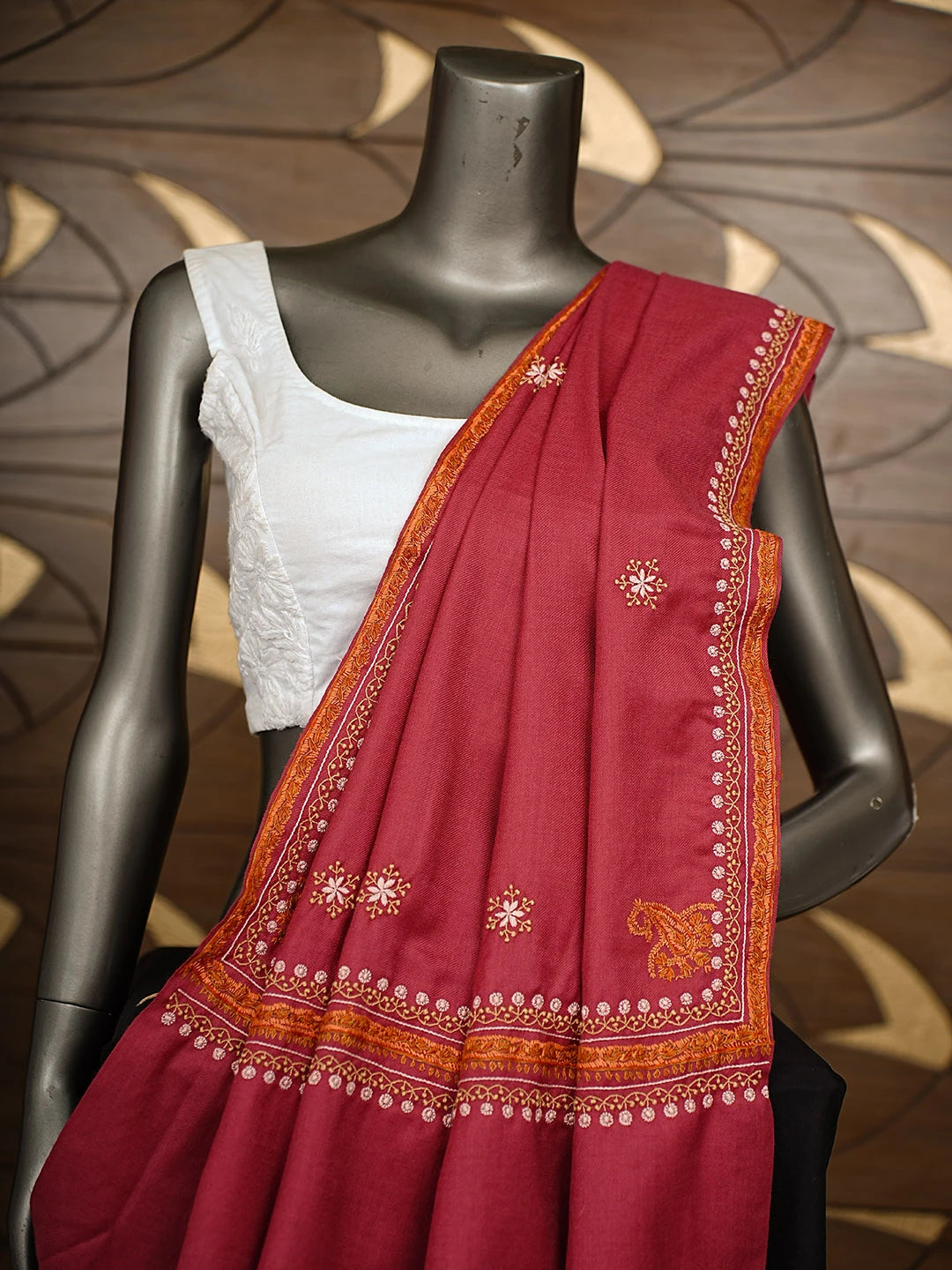 Ada Hand Embroidered Maroon Woolen Lucknowi Chikankari Teen Taar Shawl 233415