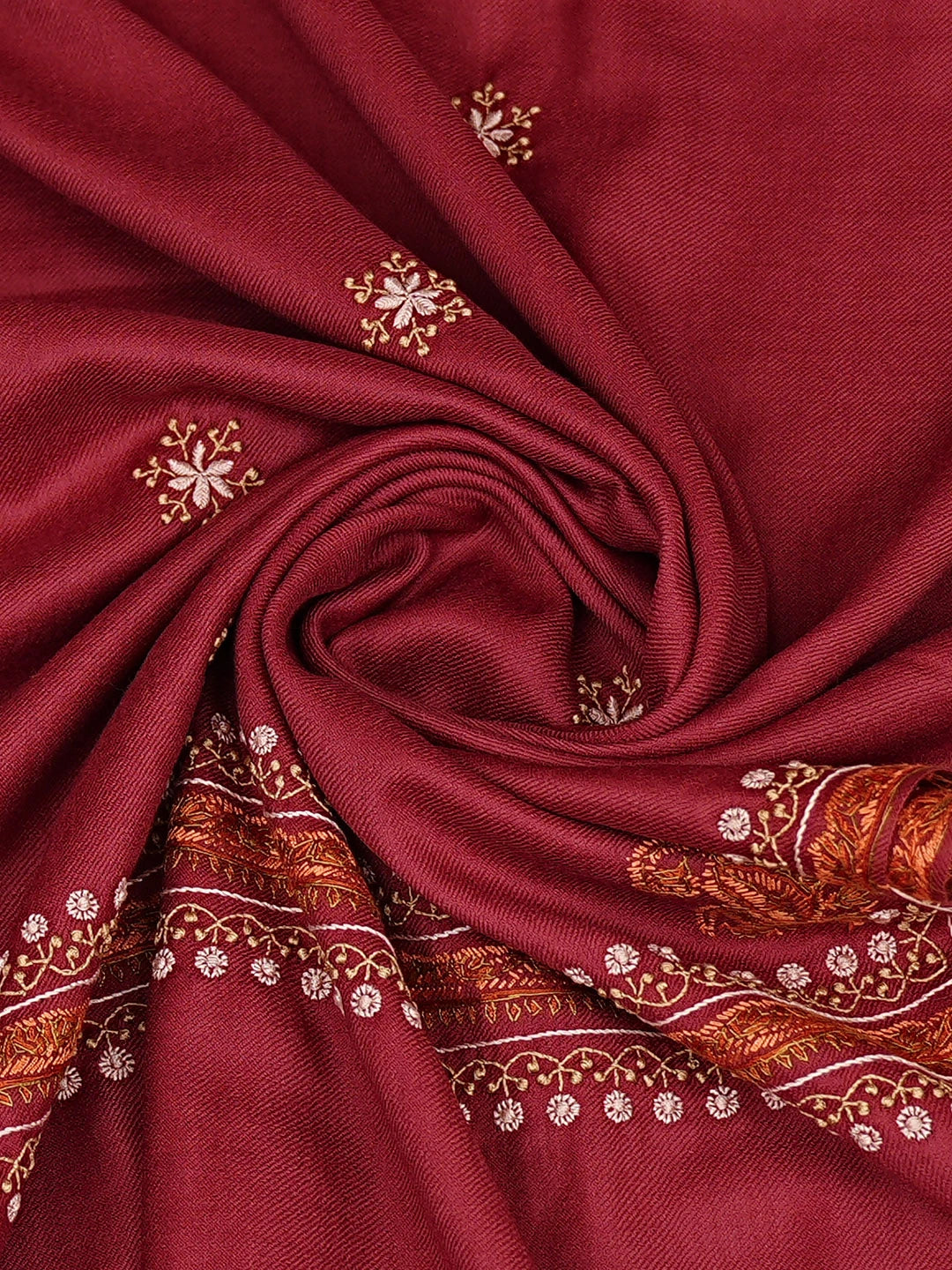 Ada Hand Embroidered Maroon Woolen Lucknowi Chikankari Teen Taar Shawl 233415