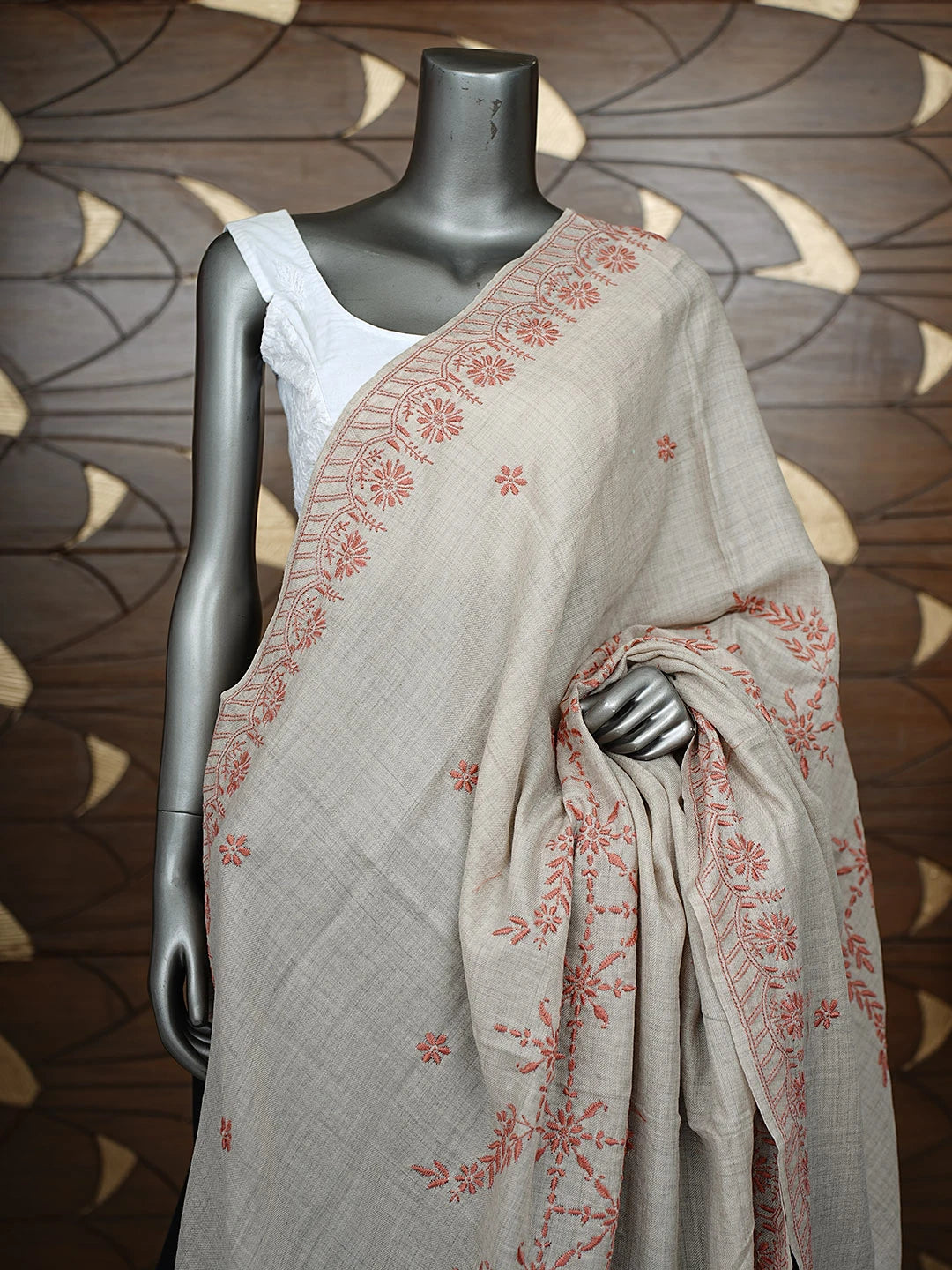 Ada Hand Embroidered Light Sand Brown Pashmina Lucknowi Chikankari Teen Taar Shawl 01A882013