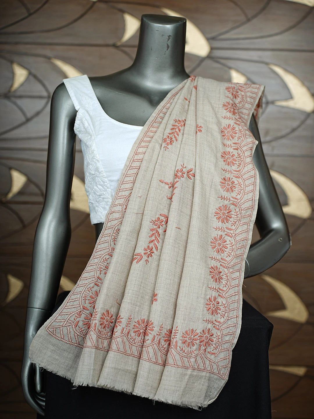 Ada Hand Embroidered Light Sand Brown Pashmina Lucknowi Chikankari Teen Taar Shawl 01A882013