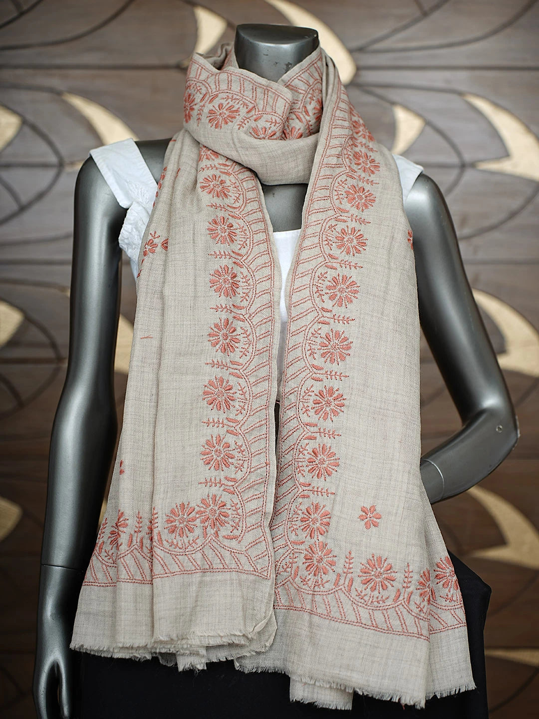 Ada Hand Embroidered Light Sand Brown Pashmina Lucknowi Chikankari Teen Taar Shawl 01A882013