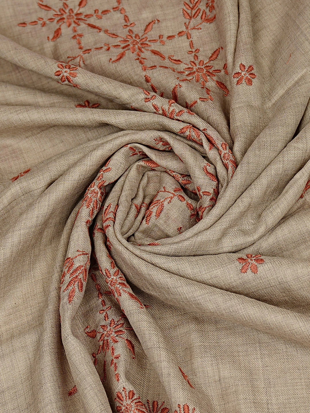 Ada Hand Embroidered Light Sand Brown Pashmina Lucknowi Chikankari Teen Taar Shawl 01A882013