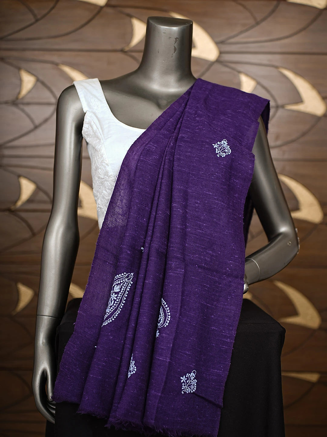 Ada Hand Embroidered Purple Woolen Lucknowi Chikankari Teen Taar Shawl 2251854