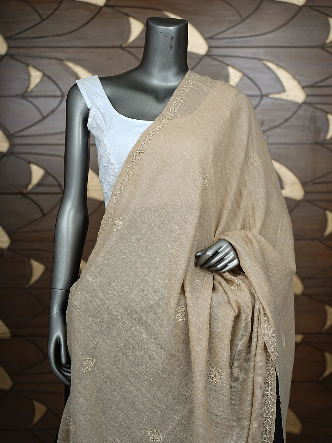 Ada Hand Embroidered Fawn Woolen Lucknowi Chikankari Stole 248227