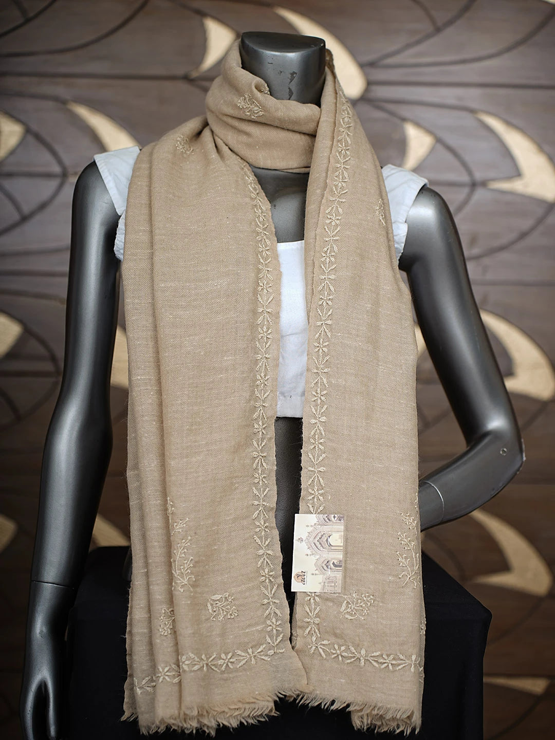 Ada Hand Embroidered Fawn Woolen Lucknowi Chikankari Stole 248227