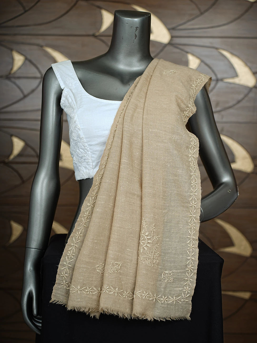 Ada Hand Embroidered Fawn Woolen Lucknowi Chikankari Stole 248227
