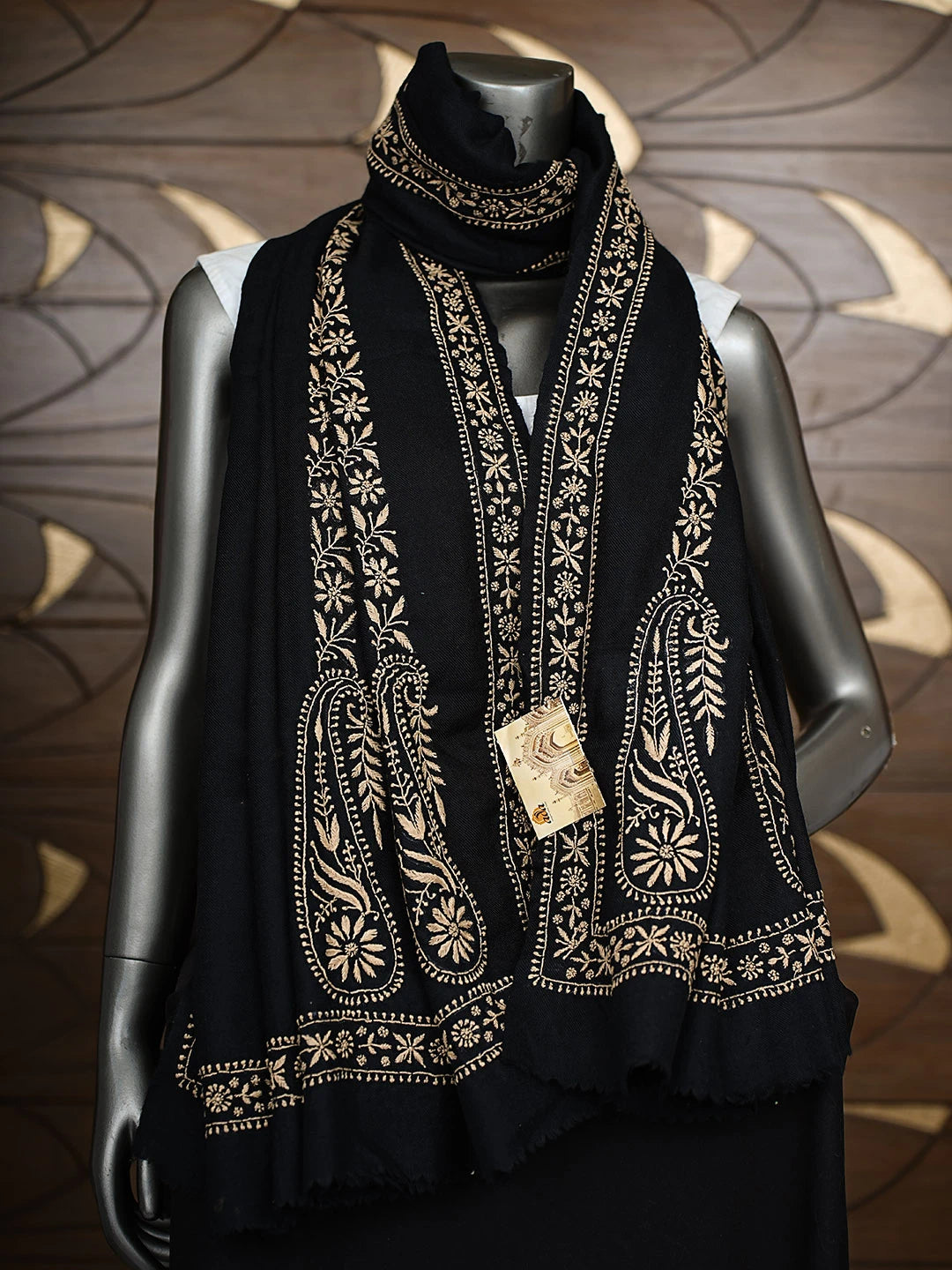 Ada Hand Embroidered Black Pashmina Lucknowi Chikankari Teen Taar Shawl 01A787613