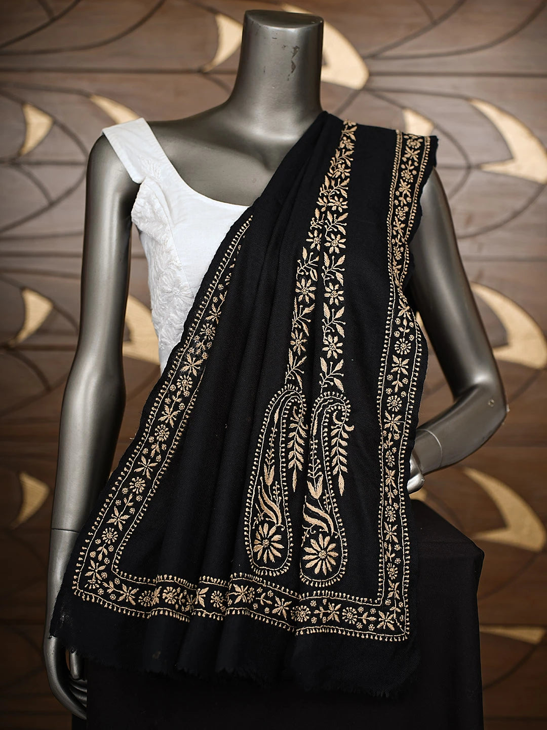 Ada Hand Embroidered Black Pashmina Lucknowi Chikankari Teen Taar Shawl 01A787613