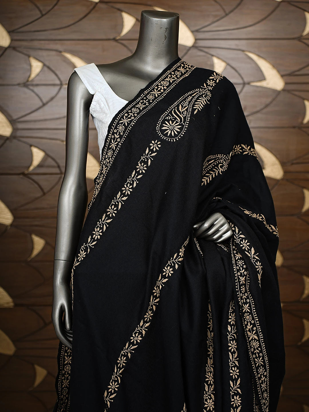 Ada Hand Embroidered Black Pashmina Lucknowi Chikankari Teen Taar Shawl 01A787613