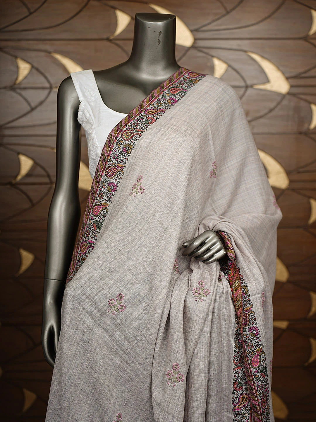 Ada Hand Embroidered Grey Woolen Lucknowi Chikankari Teen Taar Shawl 246891