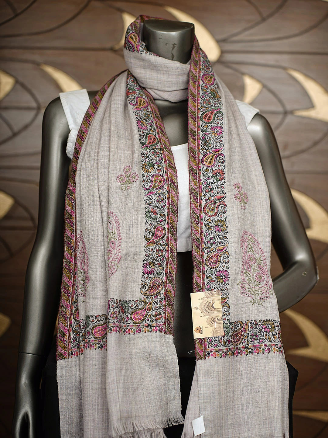 Ada Hand Embroidered Grey Woolen Lucknowi Chikankari Teen Taar Shawl 246891