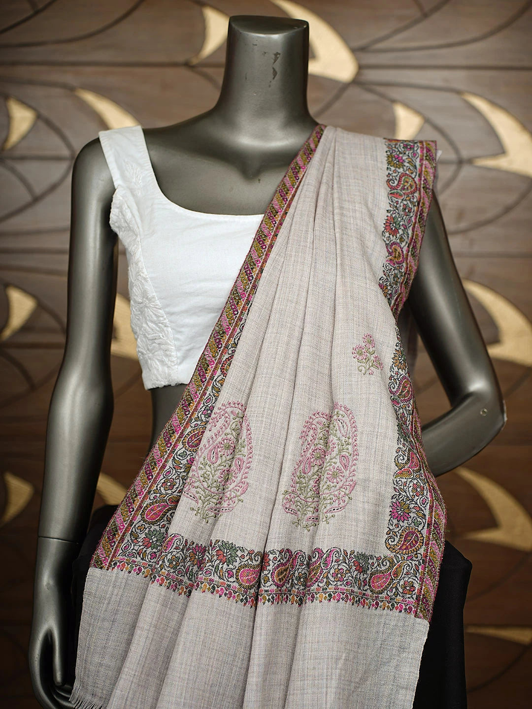 Ada Hand Embroidered Grey Woolen Lucknowi Chikankari Teen Taar Shawl 246891