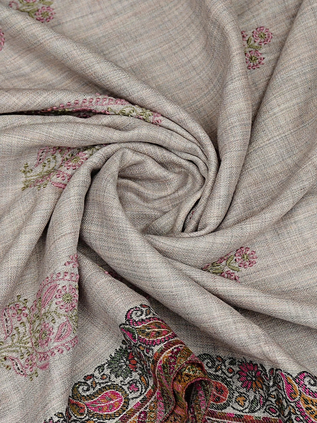 Ada Hand Embroidered Grey Woolen Lucknowi Chikankari Teen Taar Shawl 246891