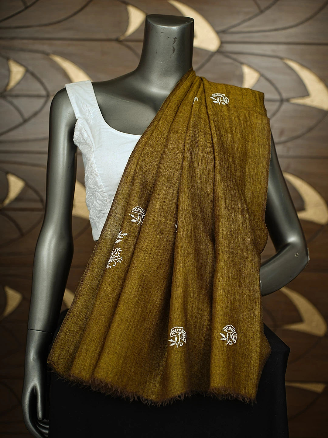 Ada Hand Embroidered Olive Green Woolen Lucknowi Chikankari Shawl 232405