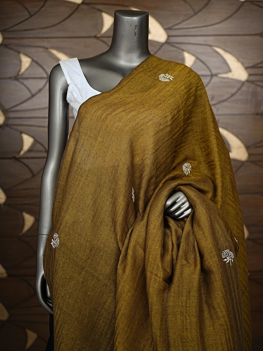 Ada Hand Embroidered Olive Green Woolen Lucknowi Chikankari Shawl 232405