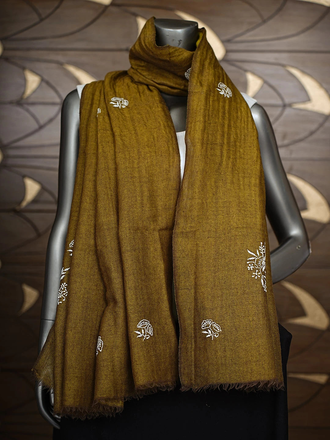 Ada Hand Embroidered Olive Green Woolen Lucknowi Chikankari Shawl 232405