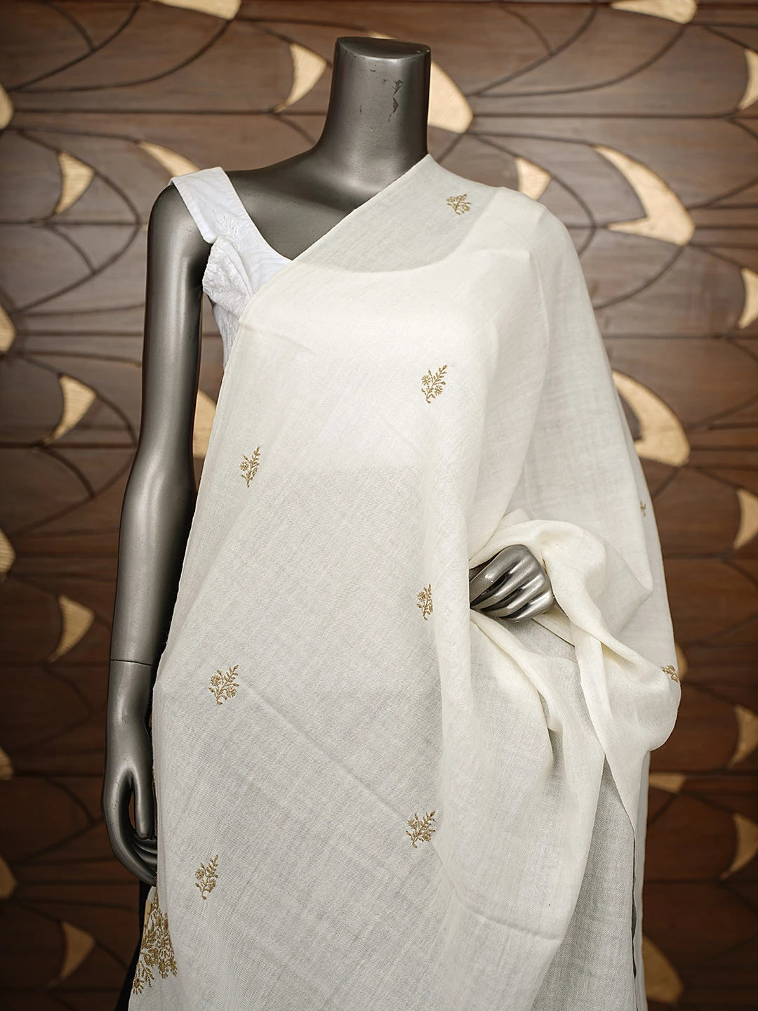 Ada Hand Embroidered Cream Woolen Lucknowi Chikankari Teen Taar Shawl 244170