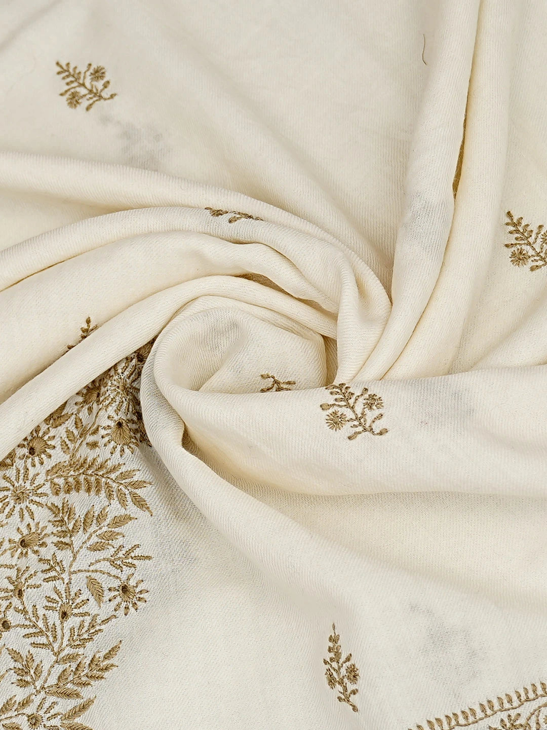 Ada Hand Embroidered Cream Woolen Lucknowi Chikankari Teen Taar Shawl 244170
