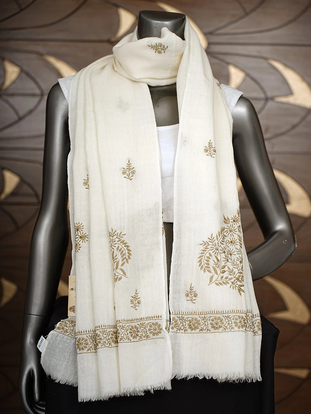 Ada Hand Embroidered Cream Woolen Lucknowi Chikankari Teen Taar Shawl 244170