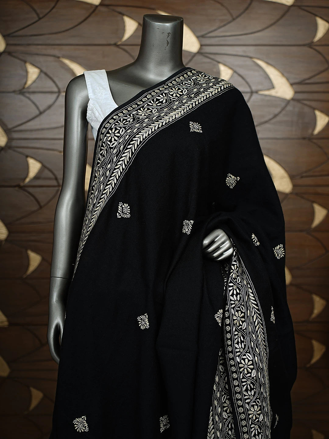 Ada Hand Embroidered Black Woolen Lucknowi Chikankari Teen Taar Shawl 249669