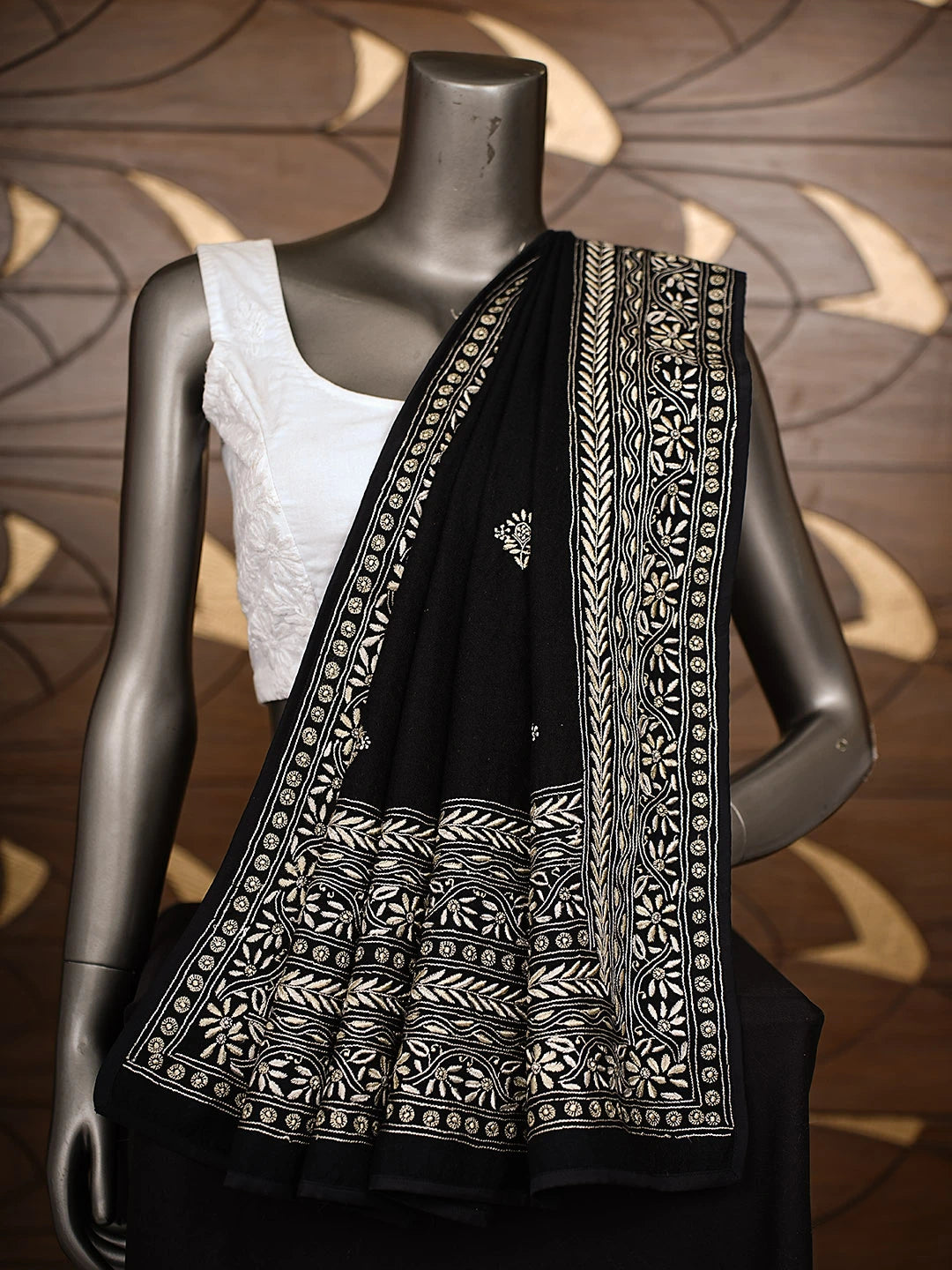 Ada Hand Embroidered Black Woolen Lucknowi Chikankari Teen Taar Shawl 249669