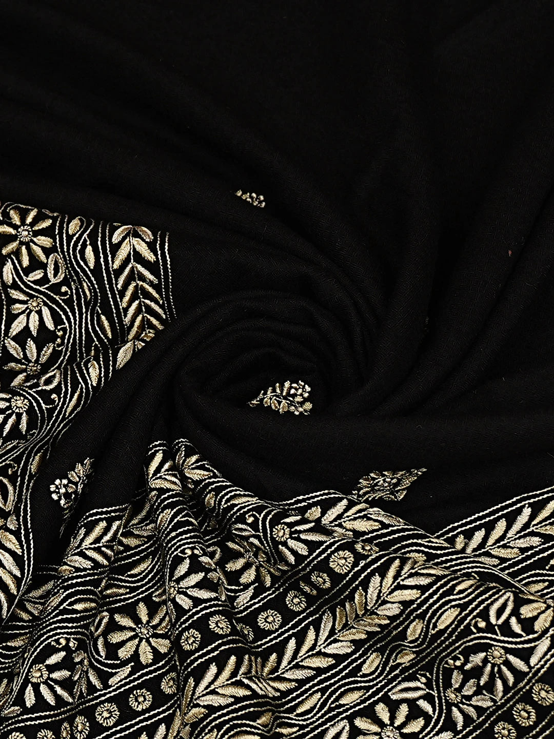 Ada Hand Embroidered Black Woolen Lucknowi Chikankari Teen Taar Shawl 249669
