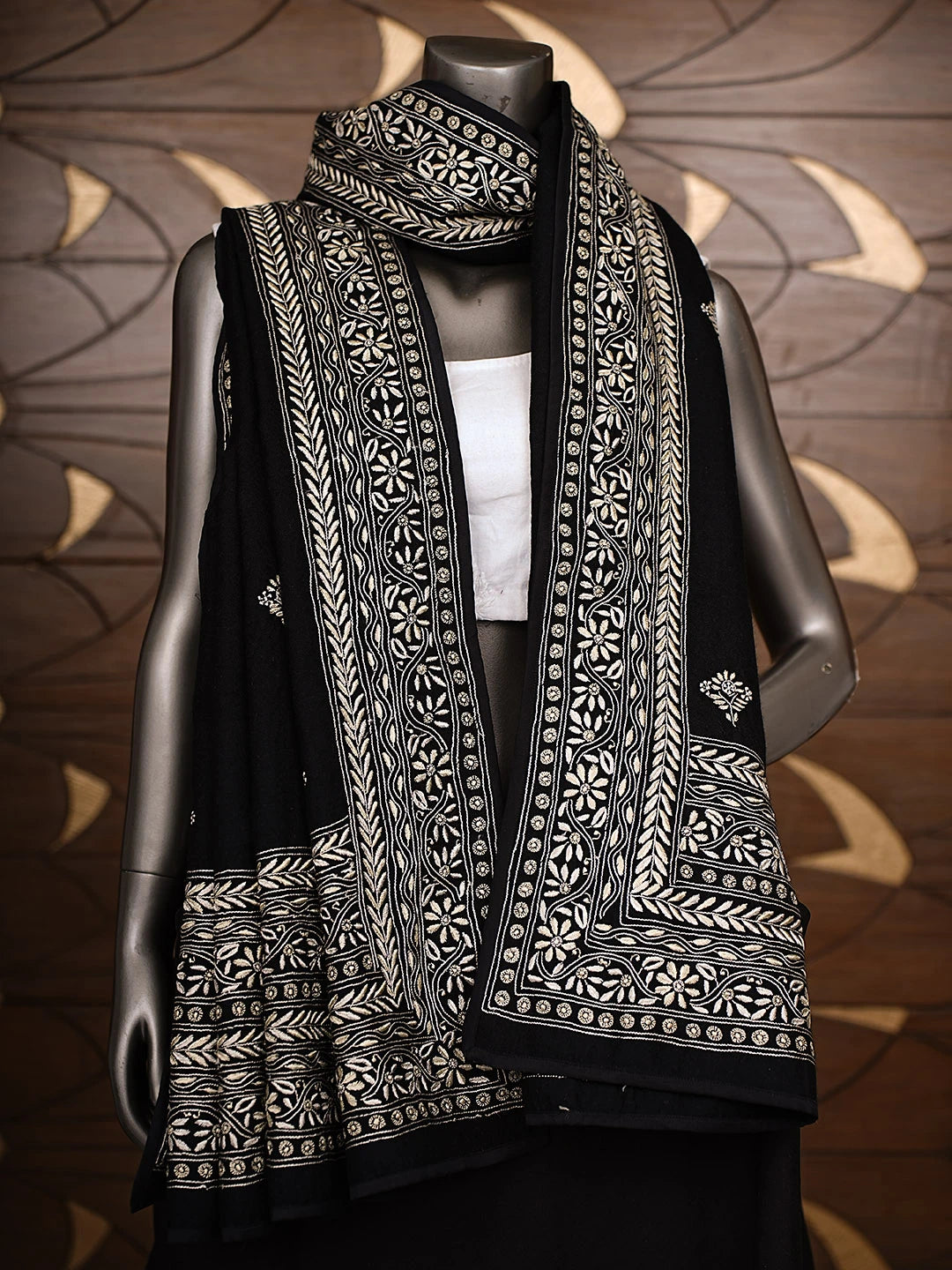 Ada Hand Embroidered Black Woolen Lucknowi Chikankari Teen Taar Shawl 249669