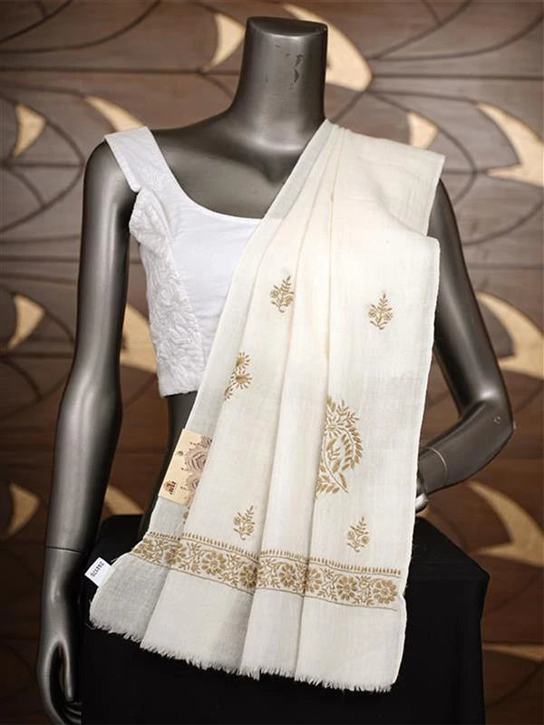 Ada Hand Embroidered Cream Woolen Lucknowi Chikankari Teen Taar Shawl 244170