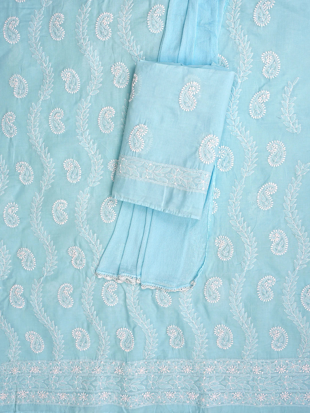 Ada Hand Embroidered Blue Cotton Lucknowi Chikankari Unstitched Suit Piece with Chiffon Dupatta 01A861438