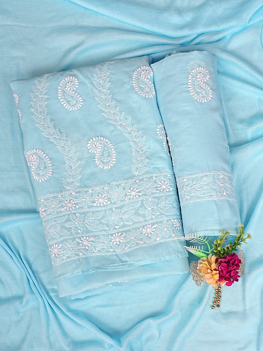 Ada Hand Embroidered Blue Cotton Lucknowi Chikankari Unstitched Suit Piece with Chiffon Dupatta 01A861438
