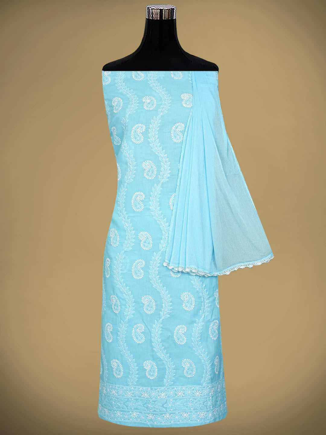 Ada Hand Embroidered Blue Cotton Lucknowi Chikankari Unstitched Suit Piece with Chiffon Dupatta 01A861438