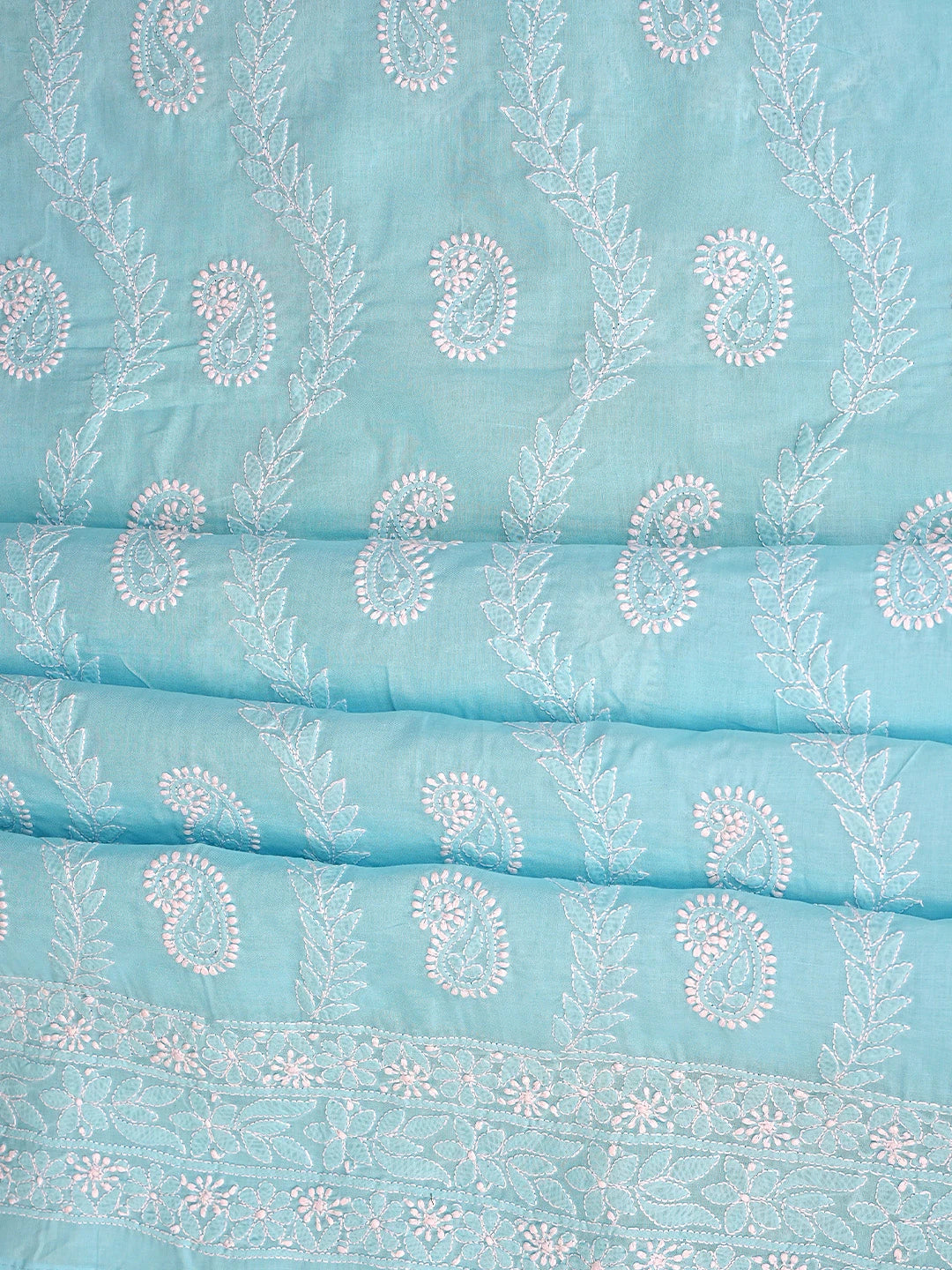 Ada Hand Embroidered Blue Cotton Lucknowi Chikankari Unstitched Suit Piece with Chiffon Dupatta 01A861438