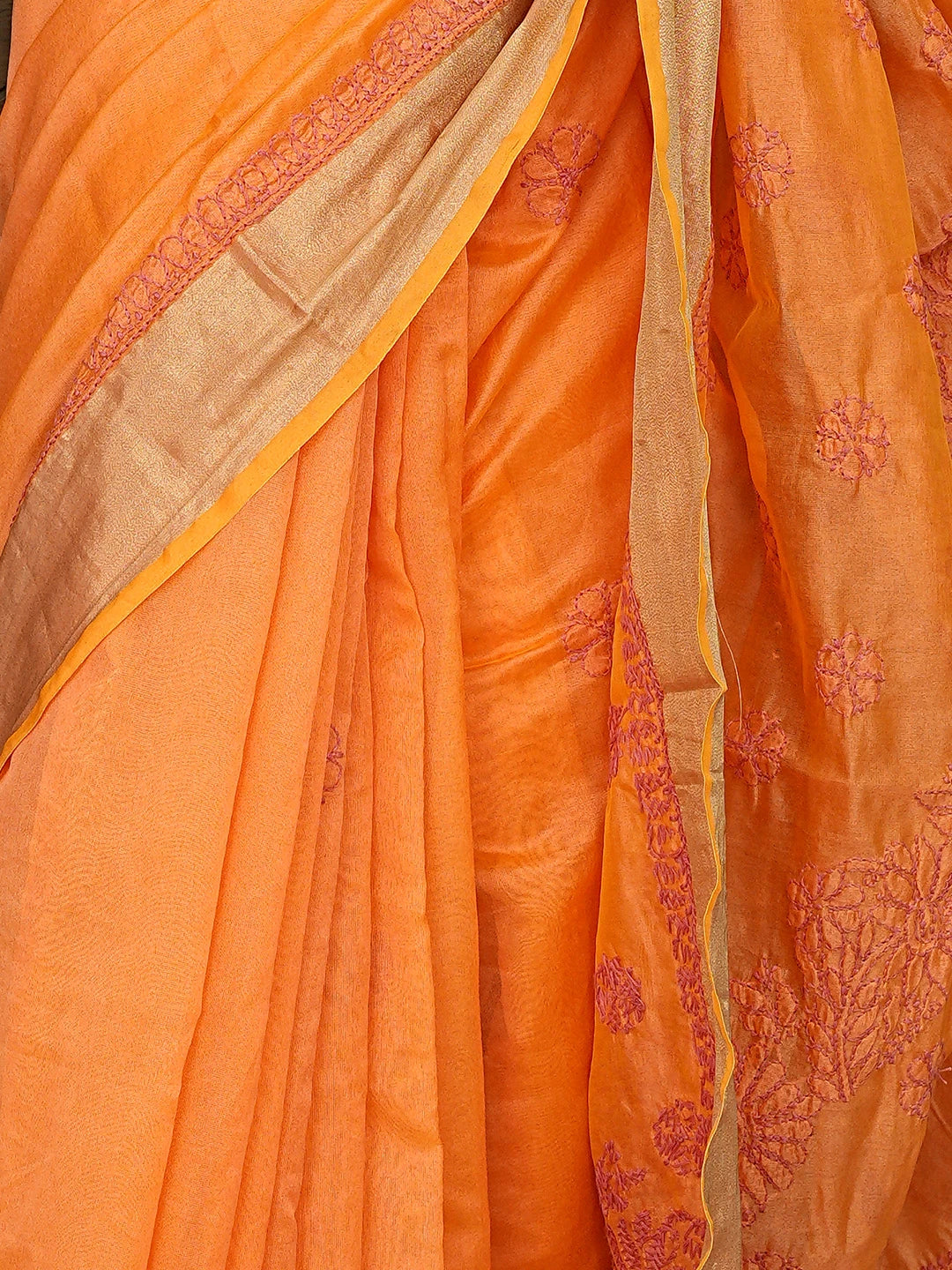 Ada Hand Embroidered Pumpkin Orange Chanderi Lucknowi Chikankari Saree With Blouse 01A855241