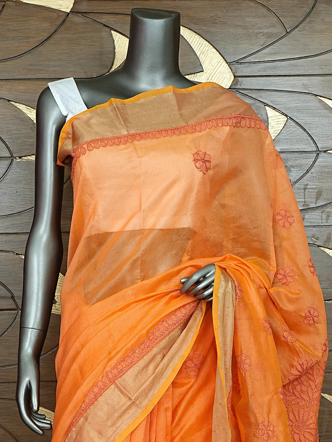 Ada Hand Embroidered Pumpkin Orange Chanderi Lucknowi Chikankari Saree With Blouse 01A855241
