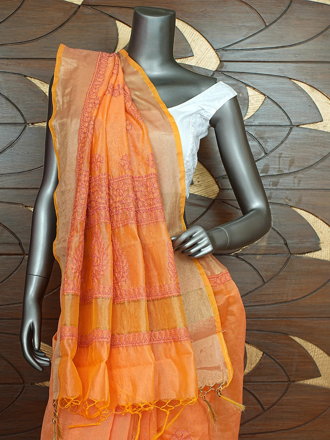 Ada Hand Embroidered Pumpkin Orange Chanderi Lucknowi Chikankari Saree With Blouse 01A855241