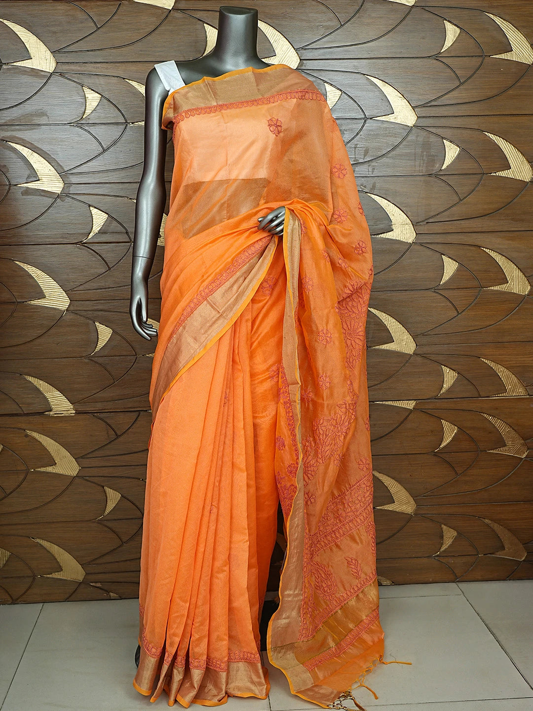 Ada Hand Embroidered Pumpkin Orange Chanderi Lucknowi Chikankari Saree With Blouse 01A855241