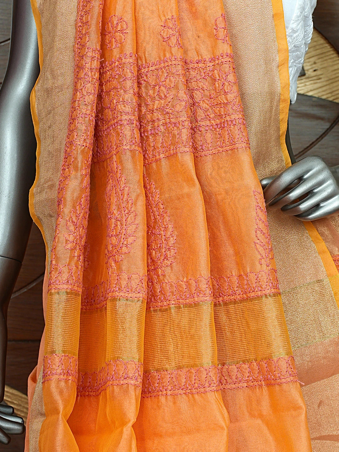 Ada Hand Embroidered Pumpkin Orange Chanderi Lucknowi Chikankari Saree With Blouse 01A855241