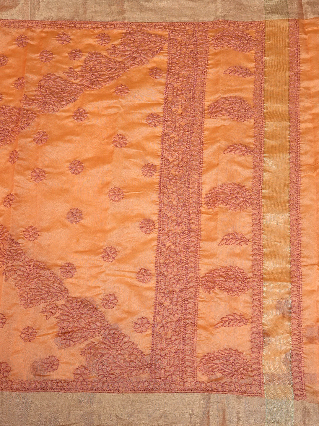 Ada Hand Embroidered Pumpkin Orange Chanderi Lucknowi Chikankari Saree With Blouse 01A855241