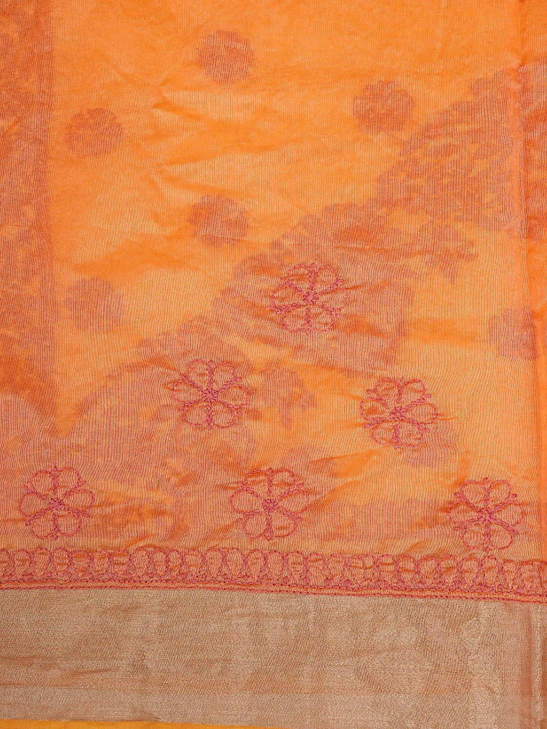 Ada Hand Embroidered Pumpkin Orange Chanderi Lucknowi Chikankari Saree With Blouse 01A855241