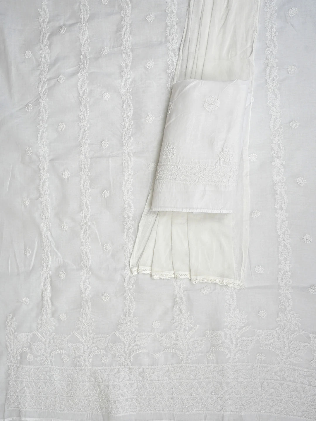 Ada Hand Embroidered White Cotton Lucknowi Chikankari Unstitched Suit Piece with Chiffon Dupatta 01A881448