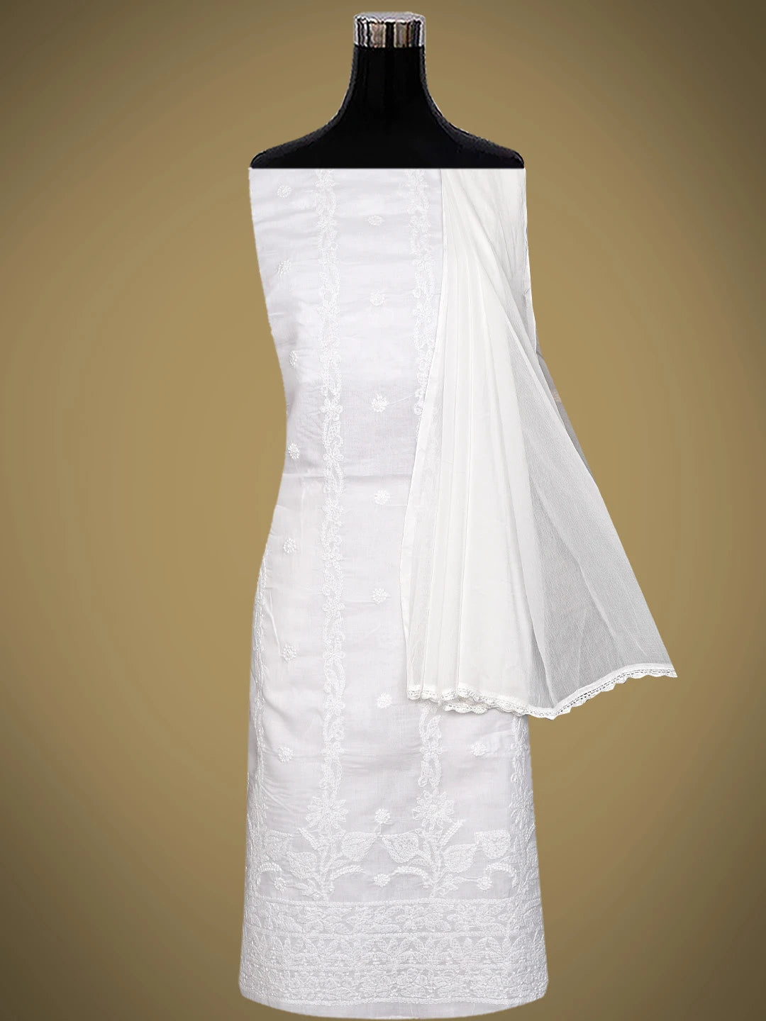 Ada Hand Embroidered White Cotton Lucknowi Chikankari Unstitched Suit Piece with Chiffon Dupatta 01A881448