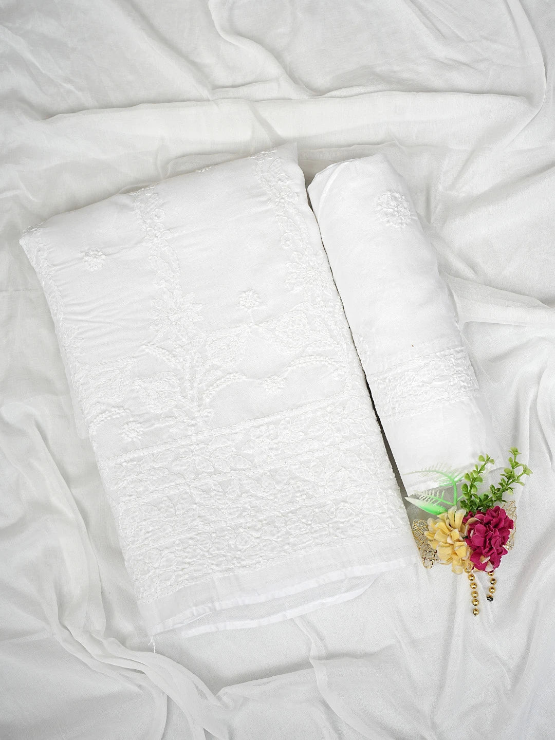 Ada Hand Embroidered White Cotton Lucknowi Chikankari Unstitched Suit Piece with Chiffon Dupatta 01A881448