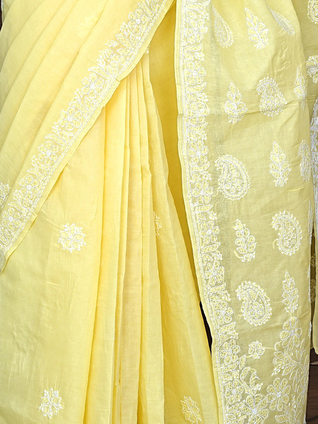 Ada Hand Embroidered Light Yellow Cotton Lucknowi Chikankari Saree With Blouse 01A890992
