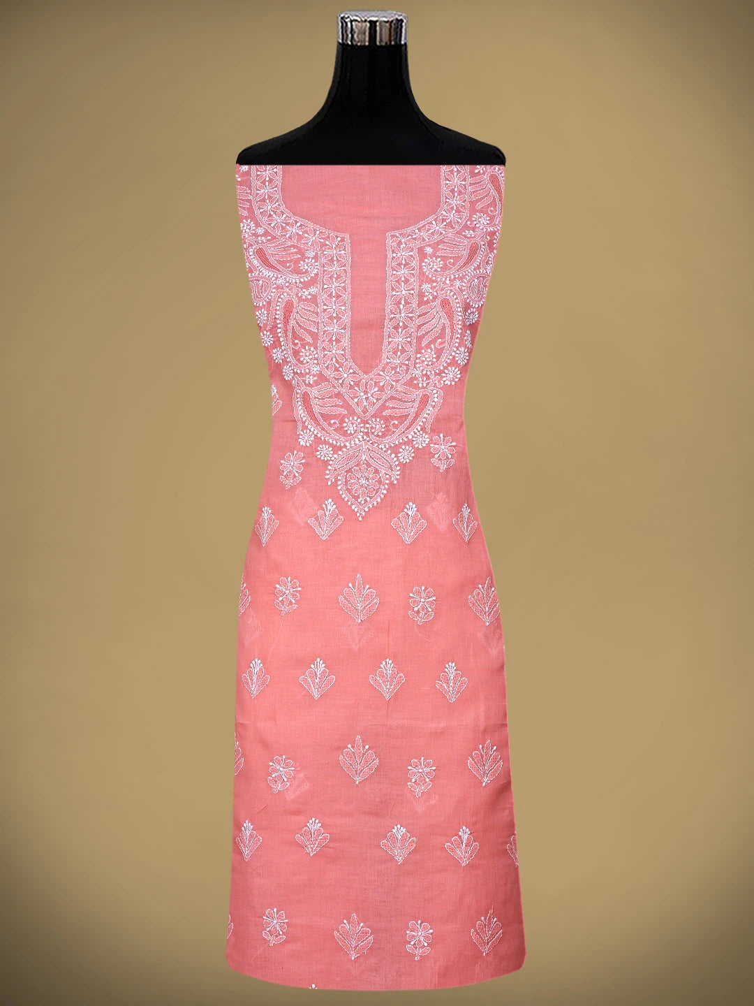Ada Hand Embroidered Peach Cotton Lucknowi Chikankari Unstitched Suit Piece with Chiffon Dupatta 01A890754