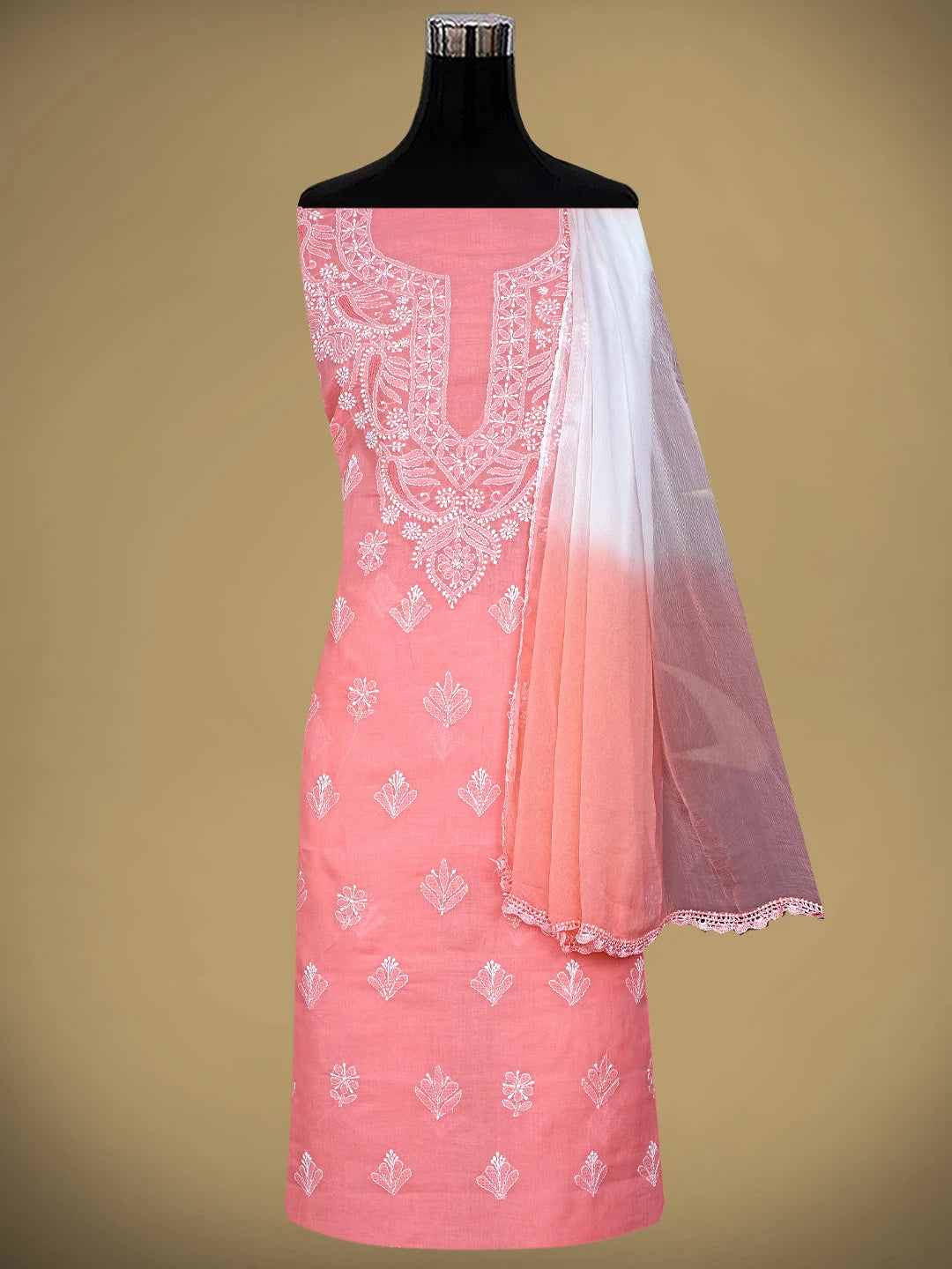 Ada Hand Embroidered Peach Cotton Lucknowi Chikankari Unstitched Suit Piece with Chiffon Dupatta 01A890754