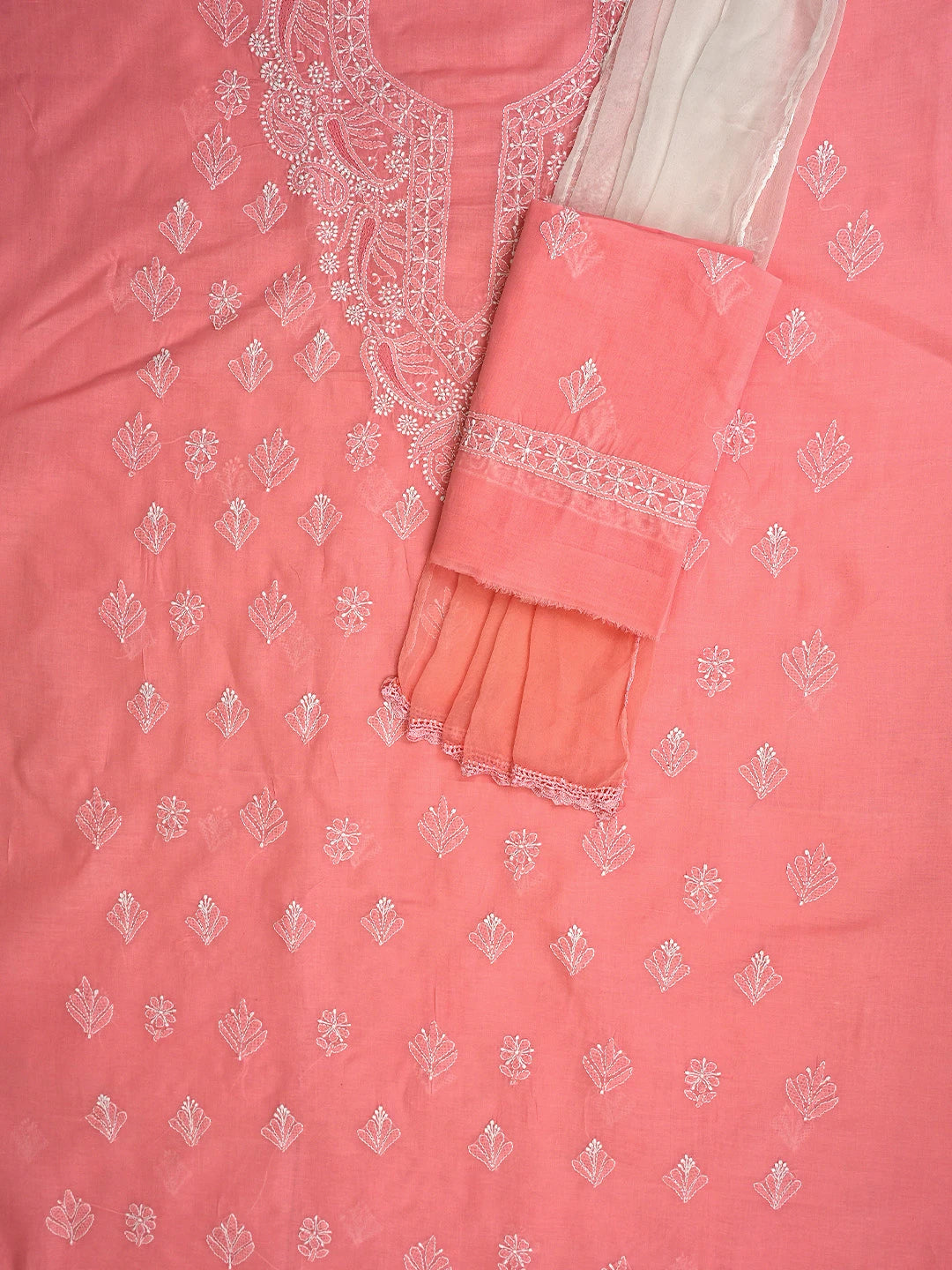 Ada Hand Embroidered Peach Cotton Lucknowi Chikankari Unstitched Suit Piece with Chiffon Dupatta 01A890754
