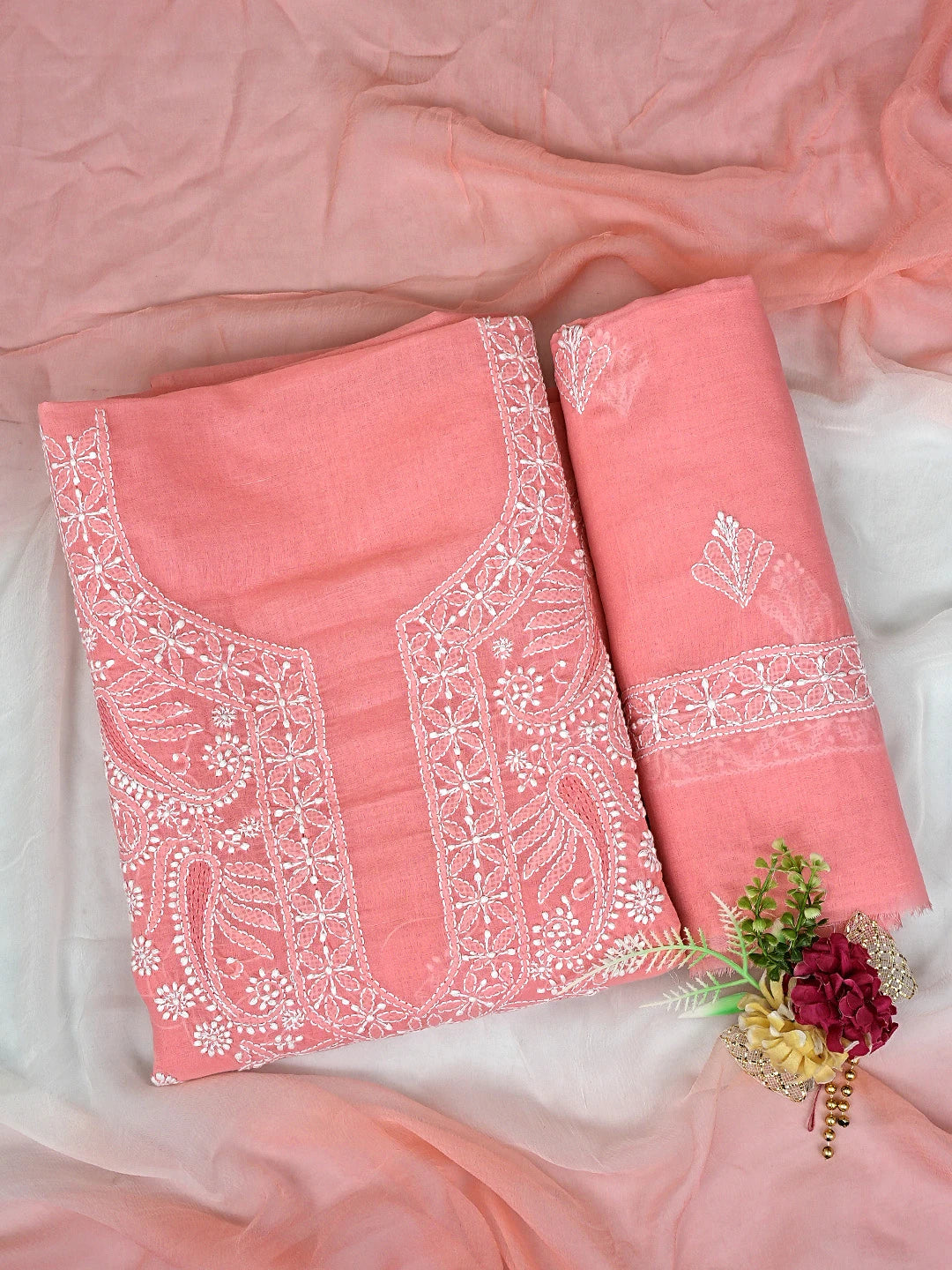 Ada Hand Embroidered Peach Cotton Lucknowi Chikankari Unstitched Suit Piece with Chiffon Dupatta 01A890754