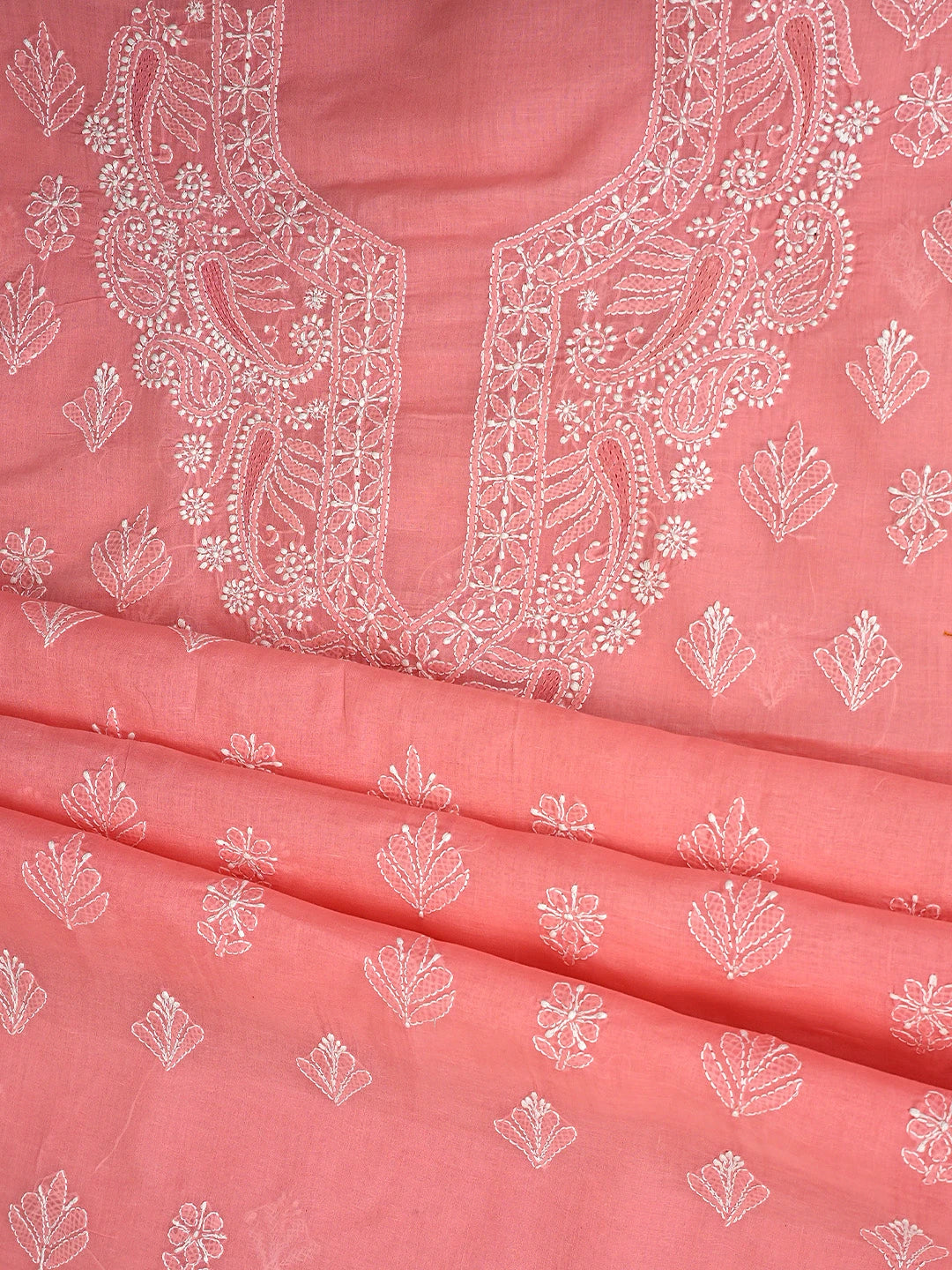 Ada Hand Embroidered Peach Cotton Lucknowi Chikankari Unstitched Suit Piece with Chiffon Dupatta 01A890754