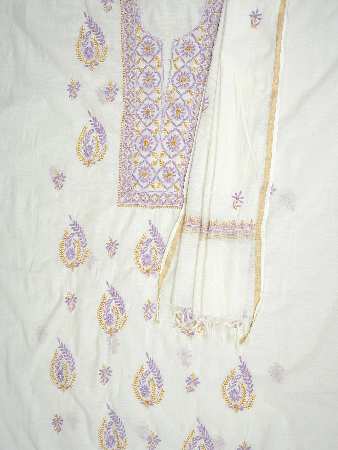 Ada Hand Embroidered White Cornsilk Chanderi Lucknowi Chikankari Kurta Dupatta Set 01A895963